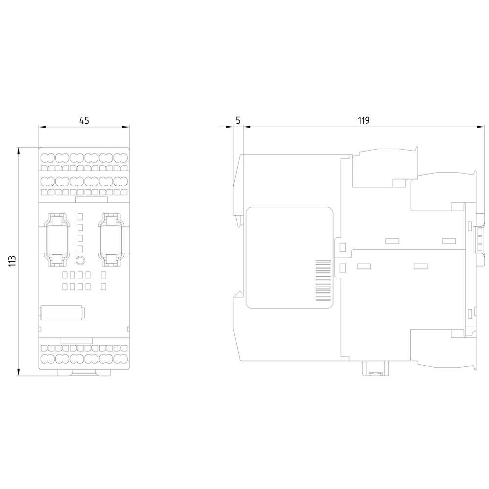 Der Schaltplan zeigt die Abmessungen eines elektronischen Bauteils: 113 mm x 45 mm von vorne und 119 mm x 5 mm von der Seite.