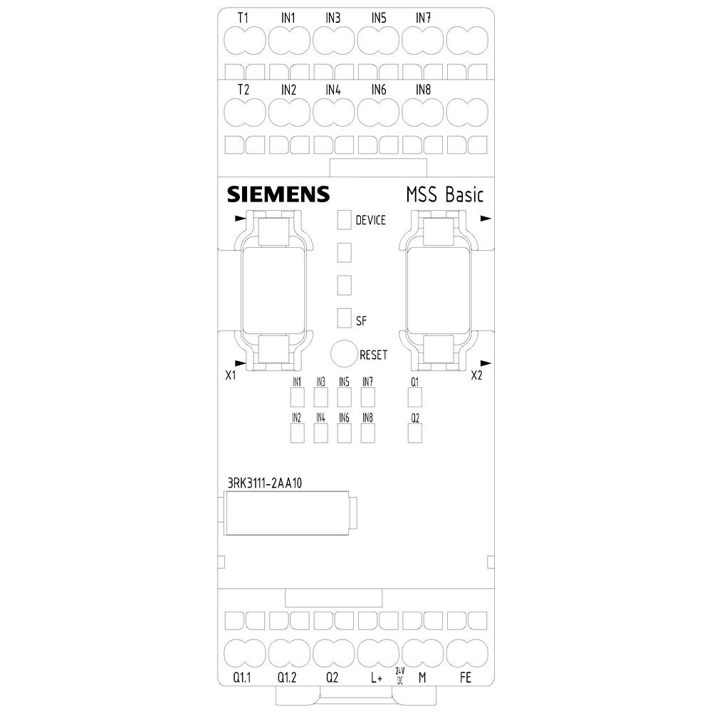 'Siemens MSS Basic' Schaltplan mit Eingängen (IN1 bis IN8), Tasten 'Reset', Anzeige 'SF' und Ausgängen (X1, X2).