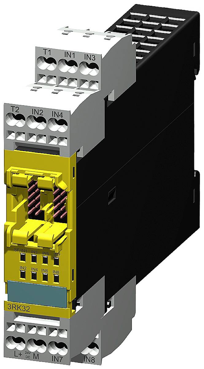 Ein elektrisches Relaismodul mit mehreren Anschlussklemmen und einer gelben Vorderseite mit schwarzem Hintergrund, seitliche Sicht.