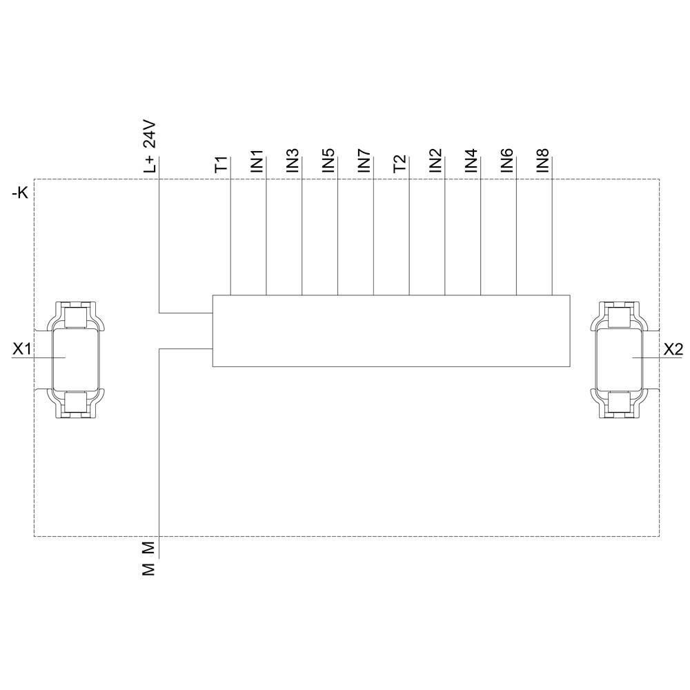 Schaltplan eines elektrischen Systems mit zwei Anschlüssen X1 und X2, verbunden durch eine zentrale Einheit. Eingänge IN1 bis IN8, Ausgänge T1, T2. Spannung +L, -K.