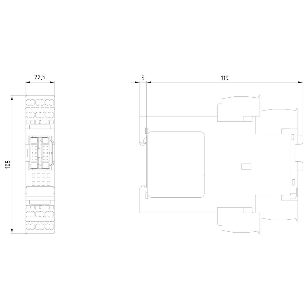 Technische Zeichnung eines Fahrzeugs von oben und seitlich. Maße sind angegeben: 105, 22,5, 5 und 119. Reifen und Chassis sind sichtbar.