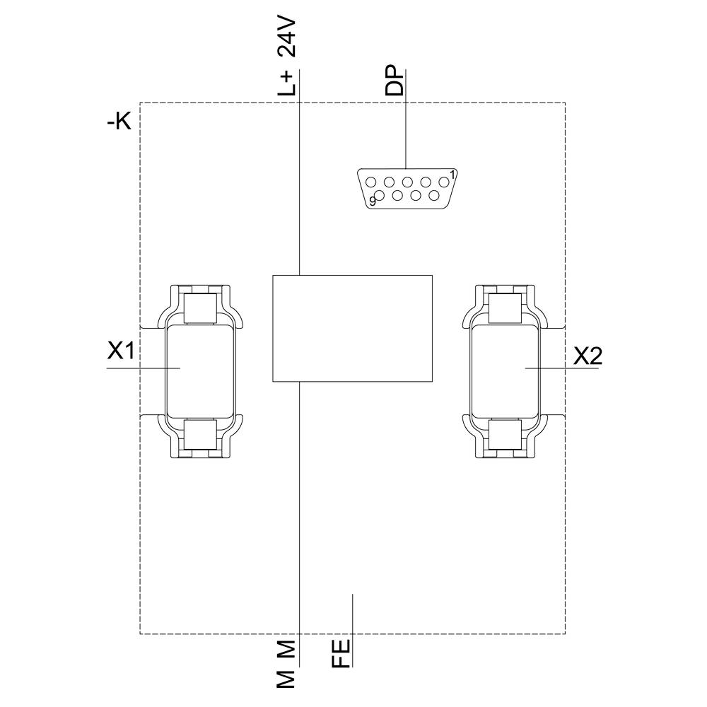 Schaltplan mit zwei X-Anschlüssen, Klemmen für -K und +L, und DP-Schnittstelle. Zeigt Verbindungen für 24V und Erdung.