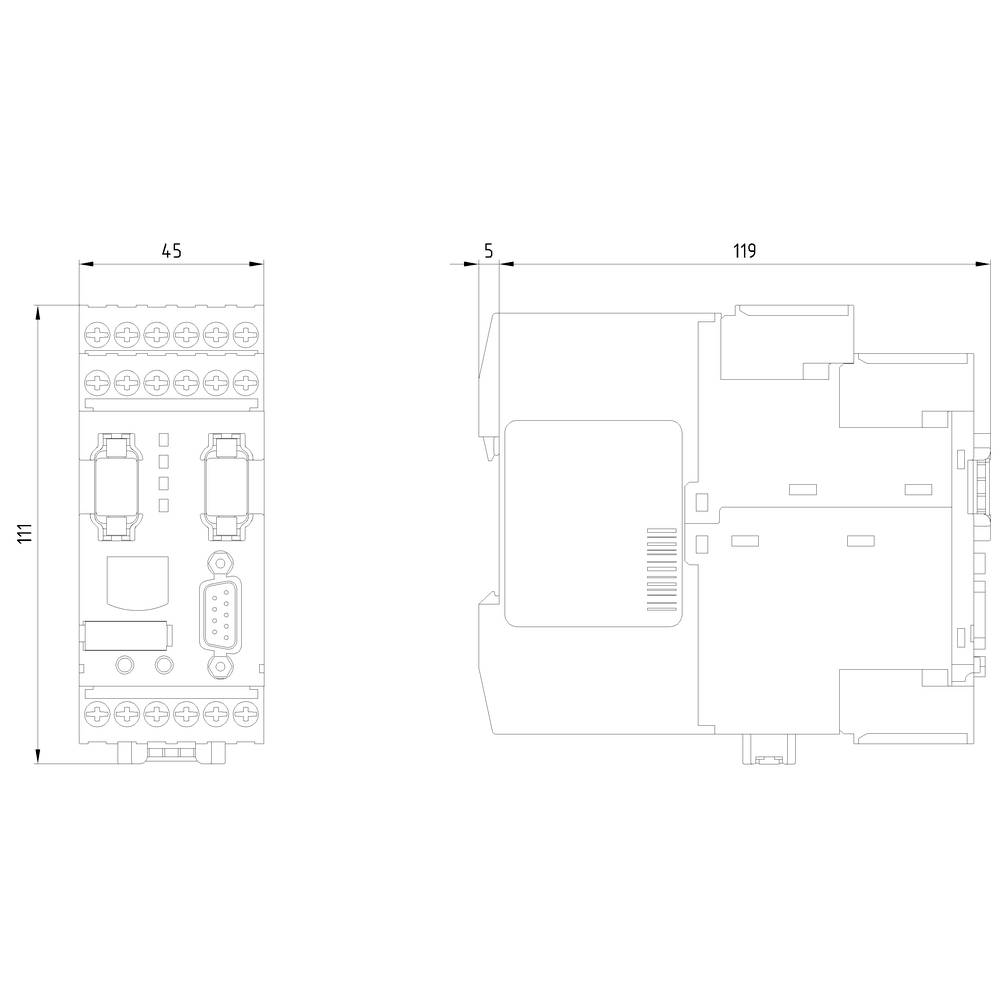 Technische Zeichnung eines elektronischen Geräts; Frontansicht links, Draufsicht rechts mit Abmessungen: 111 mm x 119 mm x 45 mm.