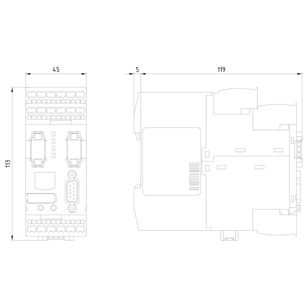 Schaltplan eines elektronischen Geräts mit Abmessungen: 113 x 45 mm oben, 119 x 5 mm seitlich; zeigt Anschlüsse und Komponenten.