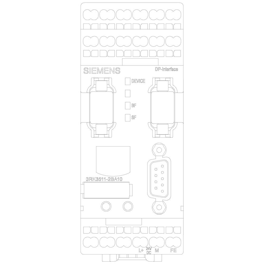 Abbildung eines Siemens-Geräts mit DP-Schnittstelle und LED-Anzeigen für 'DEVICE', 'BF', 'SF'. Modellnummer: 3RK3 511-2BA10.