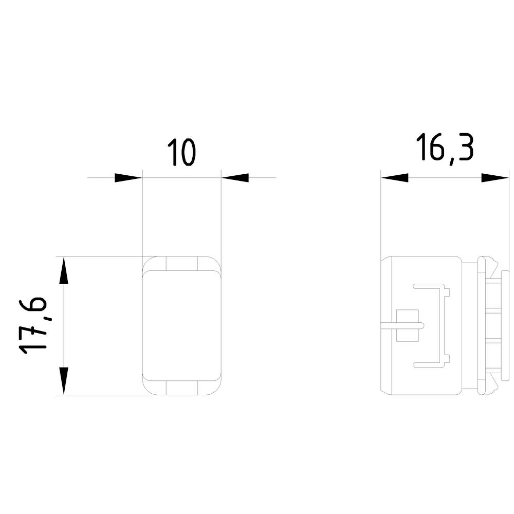 Technische Zeichnung eines rechteckigen Bauteils mit den Maßen 10x17,6 mm von vorne und 16,3 mm seitlich.