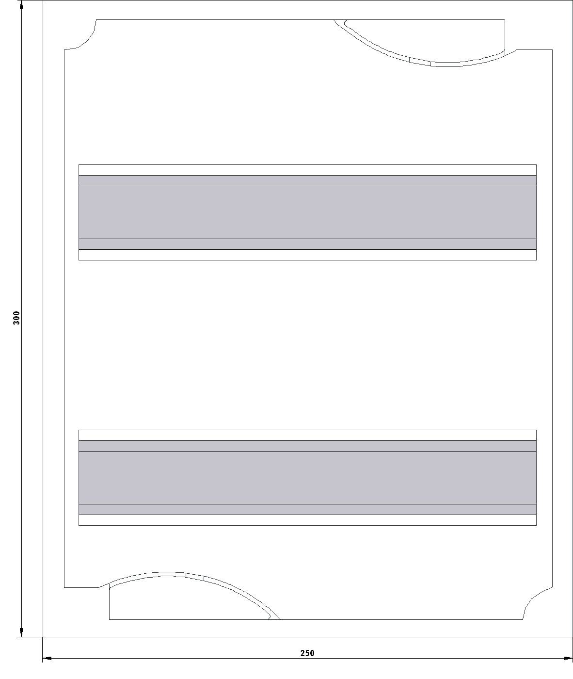 Technische Zeichnung eines rechteckigen Objekts, 350 x 250 Einheiten. Zwei graue horizontale Balken in der Mitte, Kurven an den Ecken.