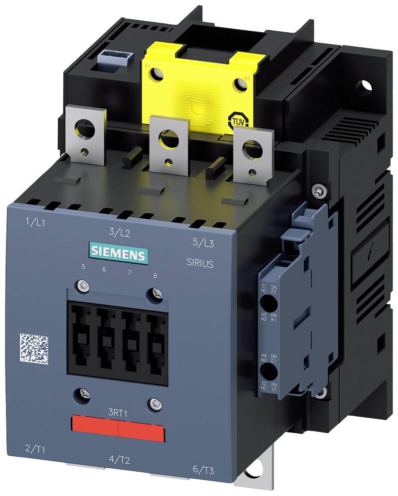 Ein elektrischer Schütz von Siemens, Modell Sirius, mit Anschlüssen und TÜV-Zeichen, dient zur Steuerung elektrischer Schaltkreise.