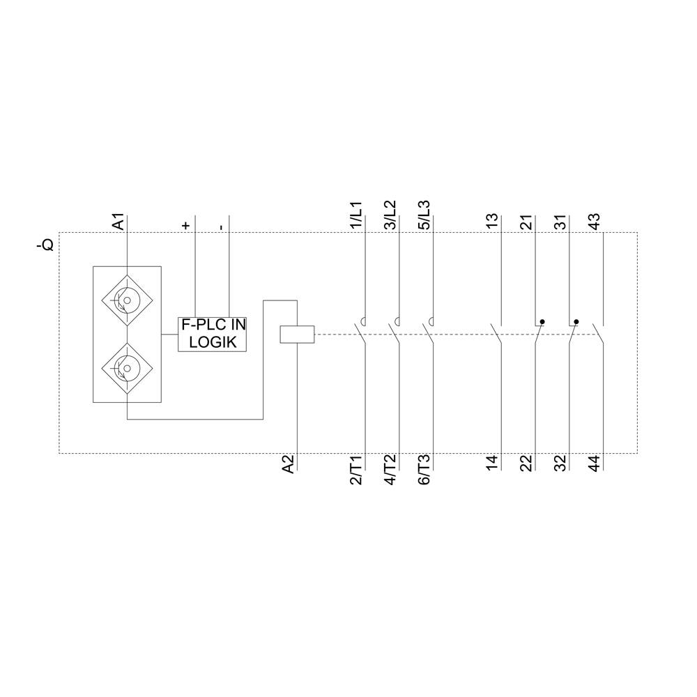Schaltplan eines Logikschaltkreises mit mehreren Einspeisungspunkten A1, A2 und Ausgängen. Titel im Schaltplan: F-PLC IN LOGIK.