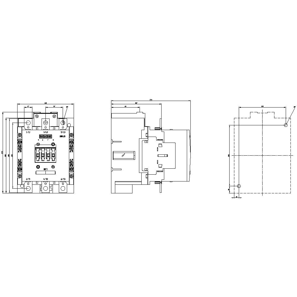 Technische Zeichnung eines elektrischen Schalters, Vorder-, Seiten-, und Draufsicht. Zeigt Anschlussdetails und Montagepunkte.