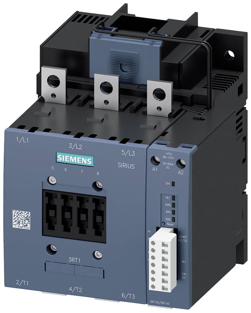 Ein elektrischer Schütz von Siemens mit mehreren Anschlussklemmen auf der Oberseite und einem blauen Gehäuse, geeignet für industrielle Anwendungen.