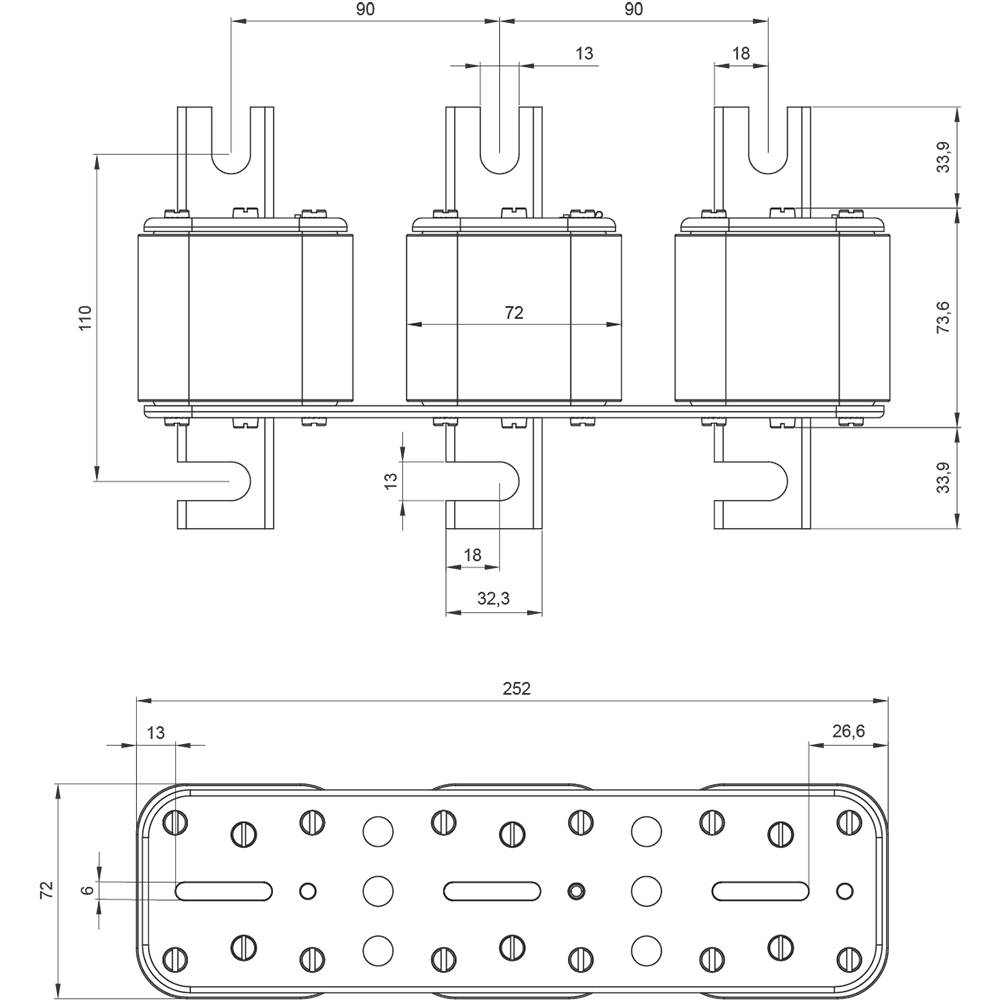 Technische Zeichnung eines elektrischen Bauteils, bestehend aus drei identischen Modulen auf einer Basisplatte, mit genauen Maßangaben.