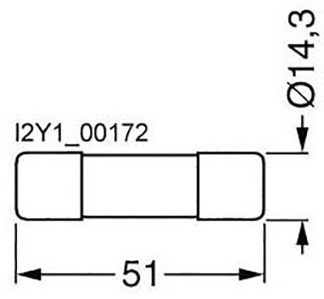 Technische Zeichnung eines Bauteils mit rechteckiger Form, 51 mm Breite, Durchmesser 14,3 mm, beschriftet mit 'I2Y1_00172'.