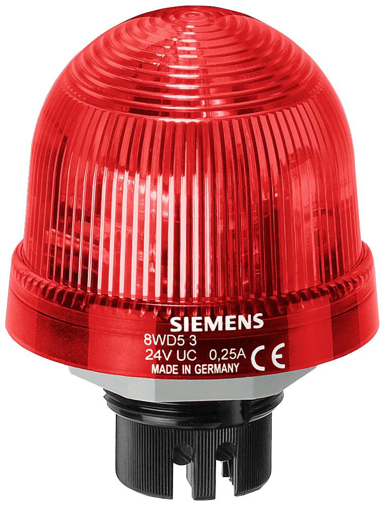 Rote Warnleuchte von Siemens, Modell 8WD53. Zeigt, dass sie für 24V Gleichstrom bei 0,25A geeignet ist. Hergestellt in Deutschland.