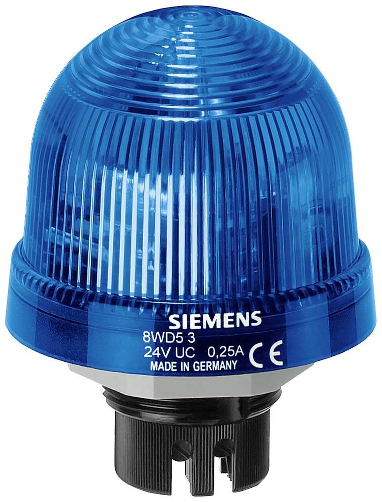 Blaues Rundumlicht mit schwarzem Sockel. Aufschrift 'Siemens, 8WD53, 24V UC, 0,25A, Made in Germany'. Einsatz als Warn- oder Signalleuchte.