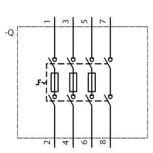 Schaltplan eines elektrischen Schalters mit acht Kontakten, nummeriert von 1 bis 8. Drei Widerstände sind in der Mitte verbunden.