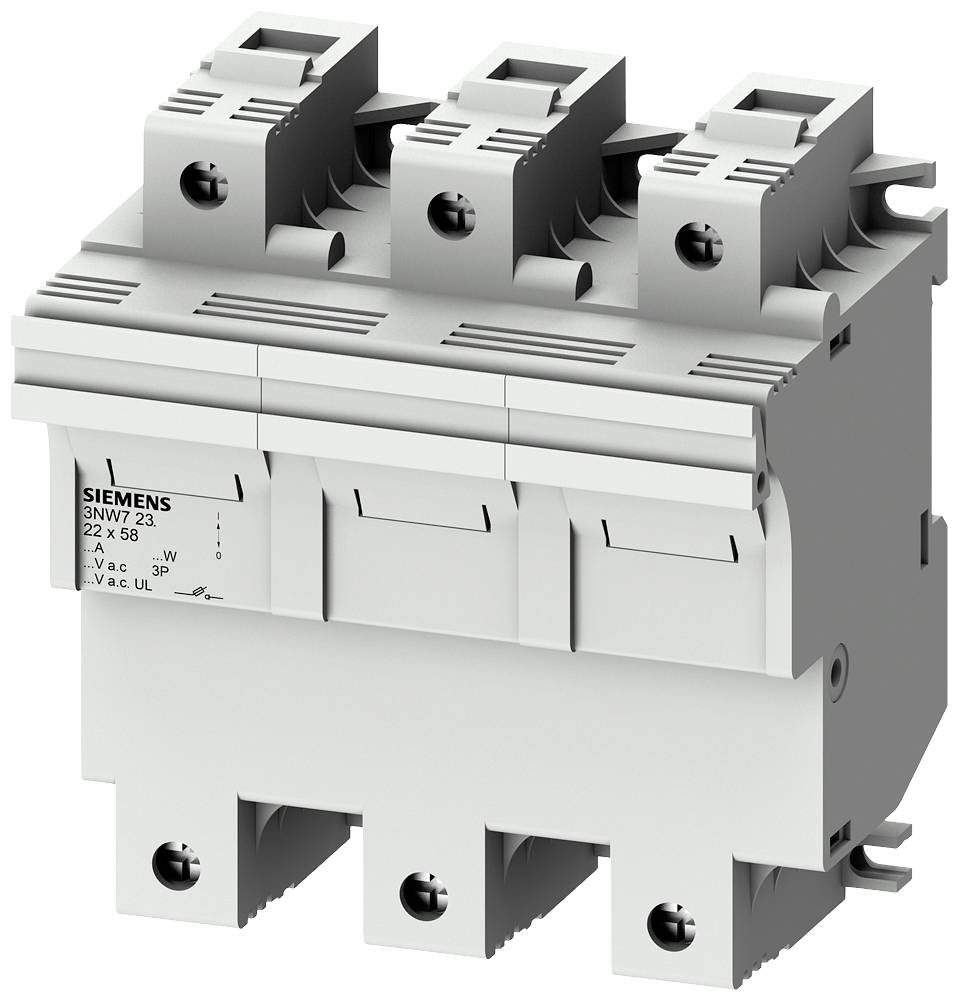 Ein dreipoliger Siemens-Leistungsschalter in grau. Er verfügt über drei Schaltblöcke und ist für Stromkreise ausgelegt.