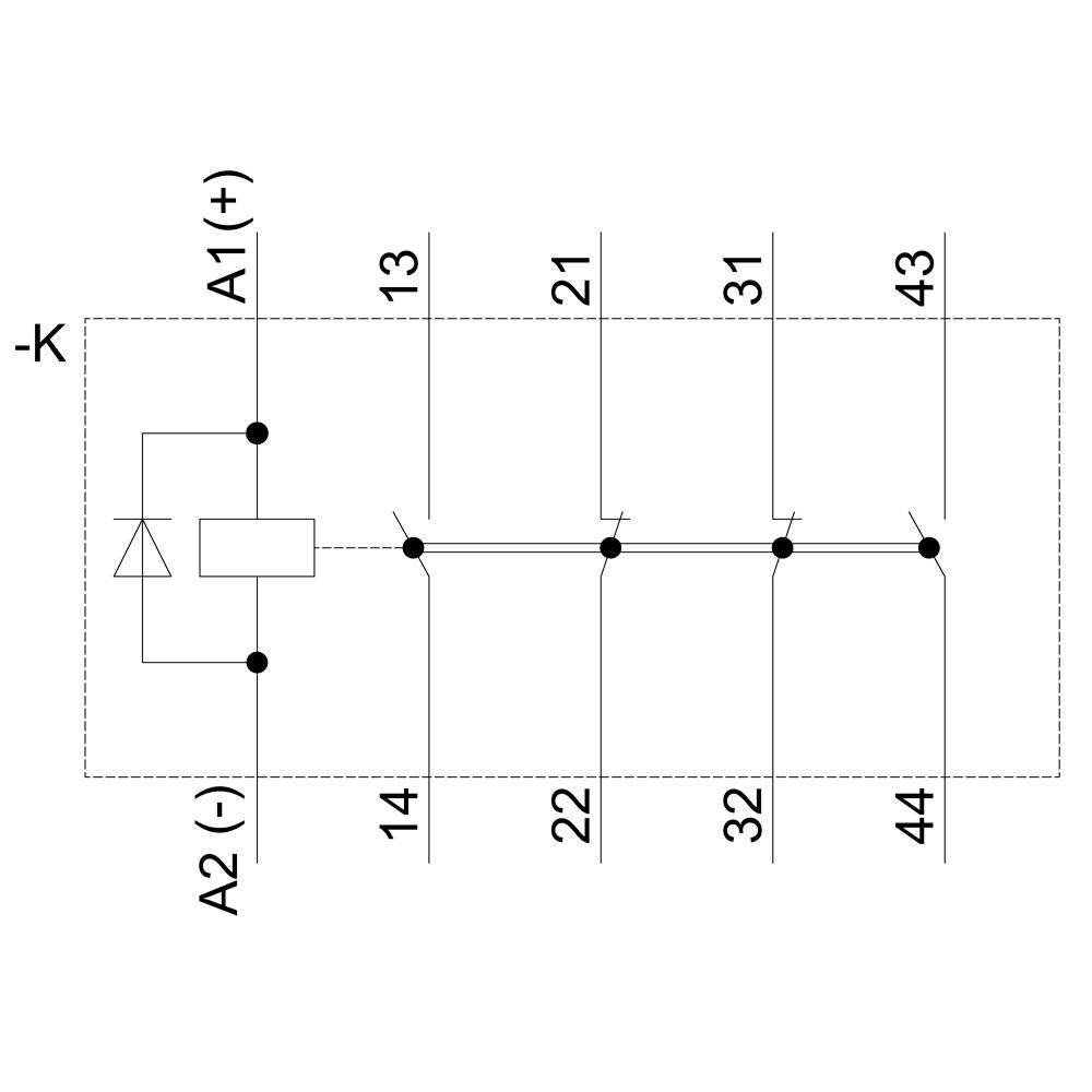 Elektrischer Schaltplan mit einem Relais. Oben Anschlüsse 13, 21, 31, 43. Unten 14, 22, 32, 44. Links Diode und Spule zwischen A1(+) und A2(-).