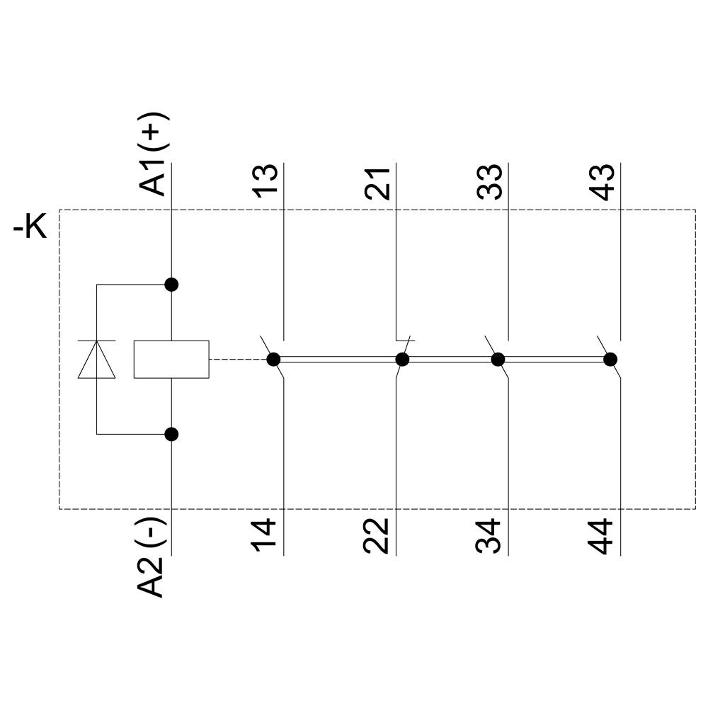 Schaltplan: Relais mit Spule an A1 (+) und A2 (-). Vier Schließer-Kontakte bei 13/14, 21/22, 33/34, 43/44. Diodenschutz parallel.