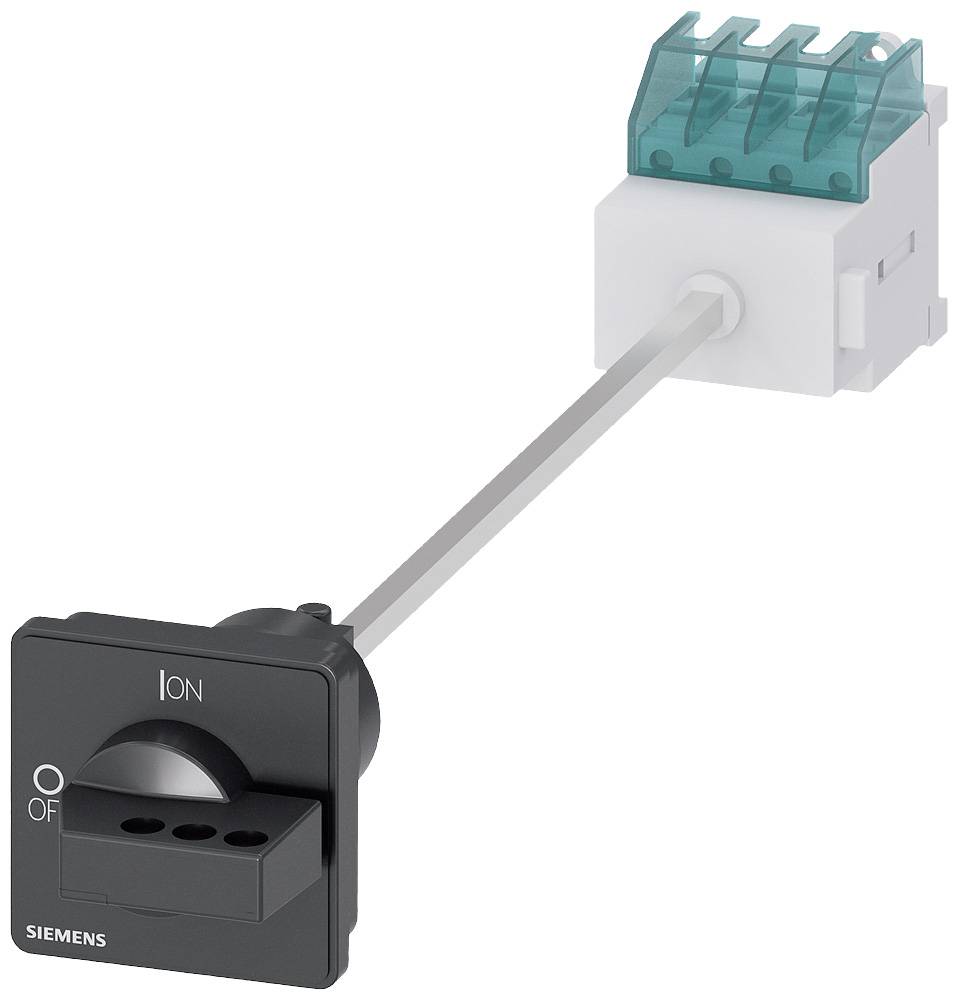 Ein elektrischer Lasttrennschalter mit einem schwarzen Bedienfeld und einem Schaltmechanismus, verbunden durch eine lange Achse.