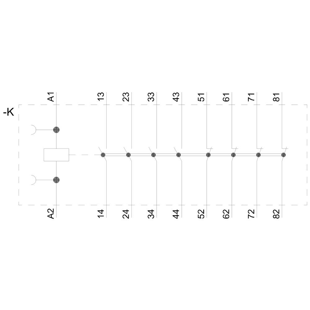 Elektrisches Schaltbild zeigt Bauteil mit Anschlüssen A1, A2 links und Zahlen von 13 bis 82 rechts, verbunden durch Linienstärken und Punkte.