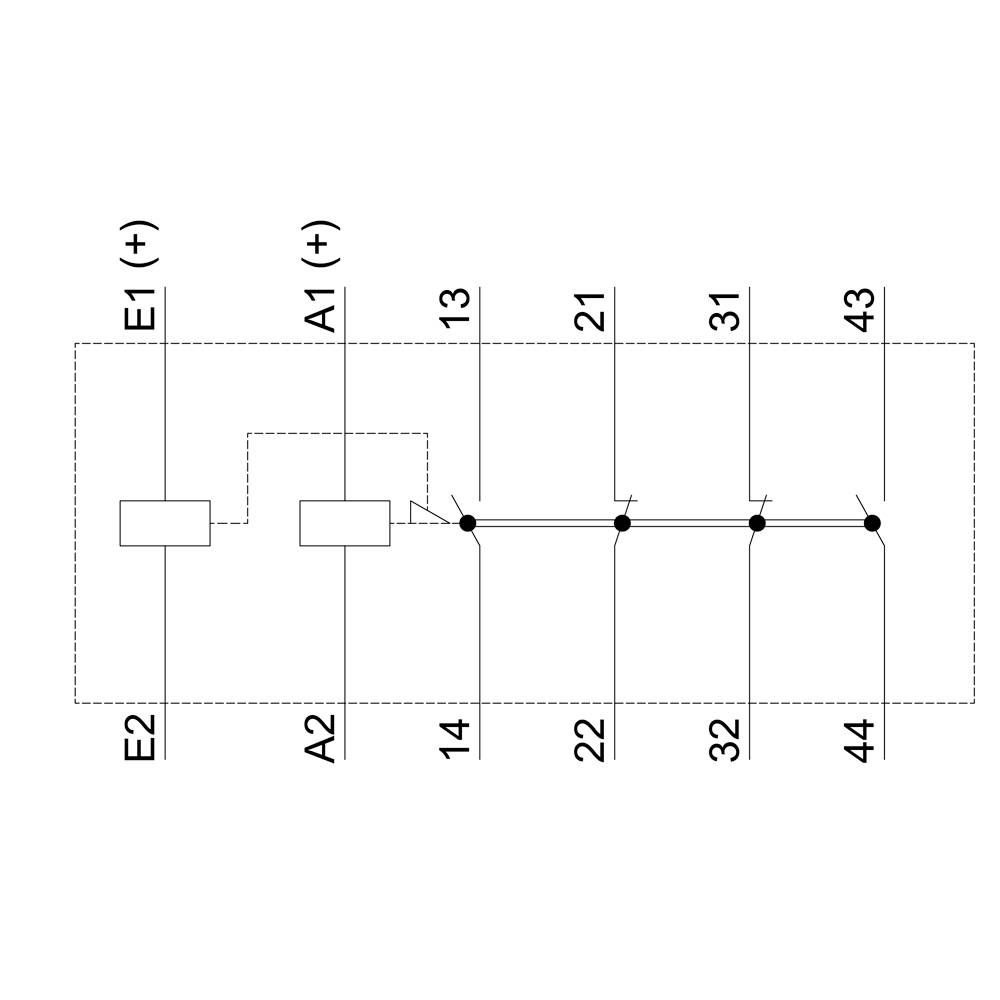 Schaltplan einer elektrischen Anlage mit zwei Eingängen (E1, E2), zwei Ausgängen (A1, A2) und einer durchgehenden Verbindung von 13 bis 44.