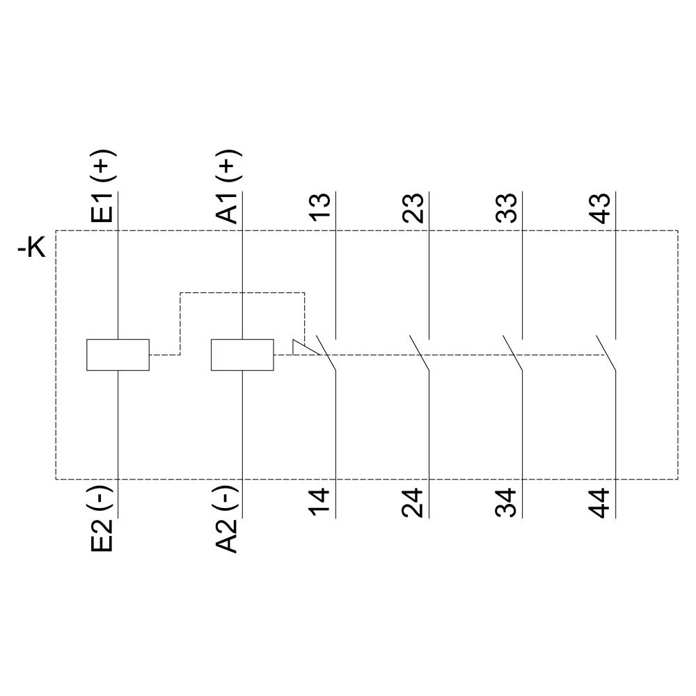 Elektrischer Schaltplan mit vier vertikalen Linien, nummeriert 13, 14, 23, 24, 33, 34, 43, 44. Beschriftungen: E1(+), E2(-), A1(+), A2(-).
