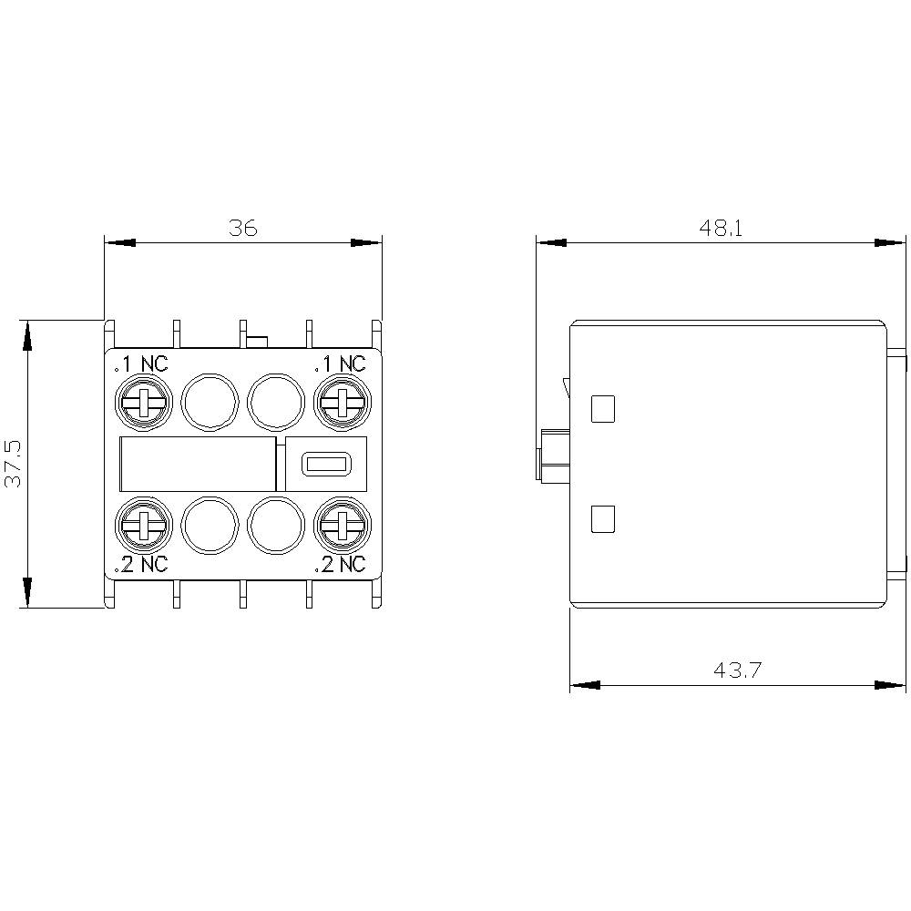 Technische Zeichnung eines Relais, Vorder- und Seitenansicht, mit Abmessungen: Höhe 37,5 mm, Breite 36 mm, Tiefe 48,1 mm. Anschlüsse: 1 NC, 2 NC.