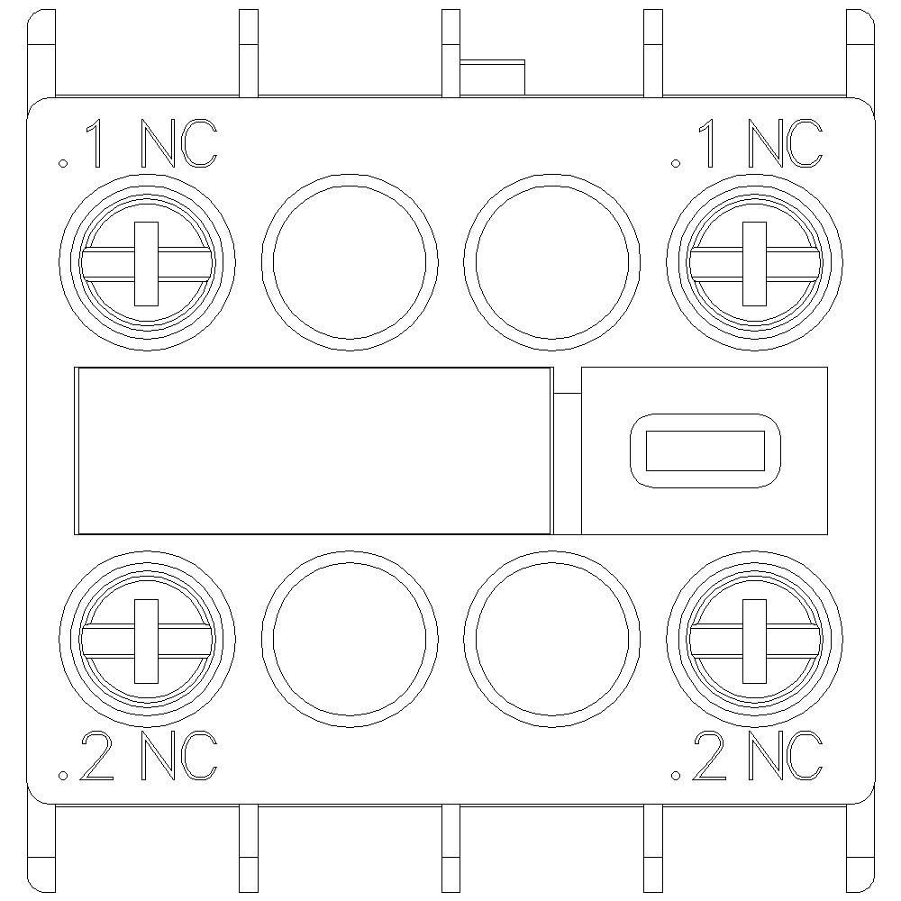 Technische Zeichnung eines elektrischen Schalters mit mehreren runden Anschlüssen und Aufschrift '.1 NC' und '.2 NC'.