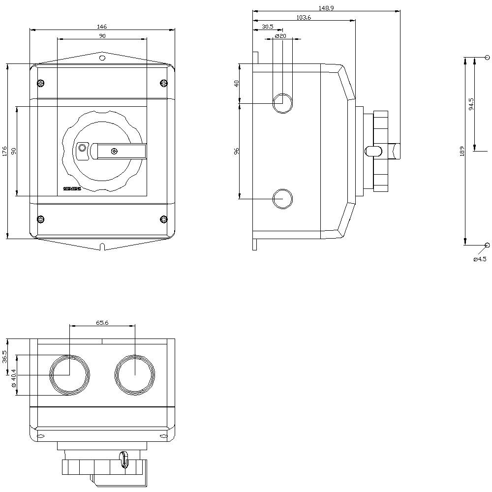 Technische Zeichnung eines quadratischen Schaltergehäuses mit detaillierten Maßen und Ansichten von vorne und seitlich.