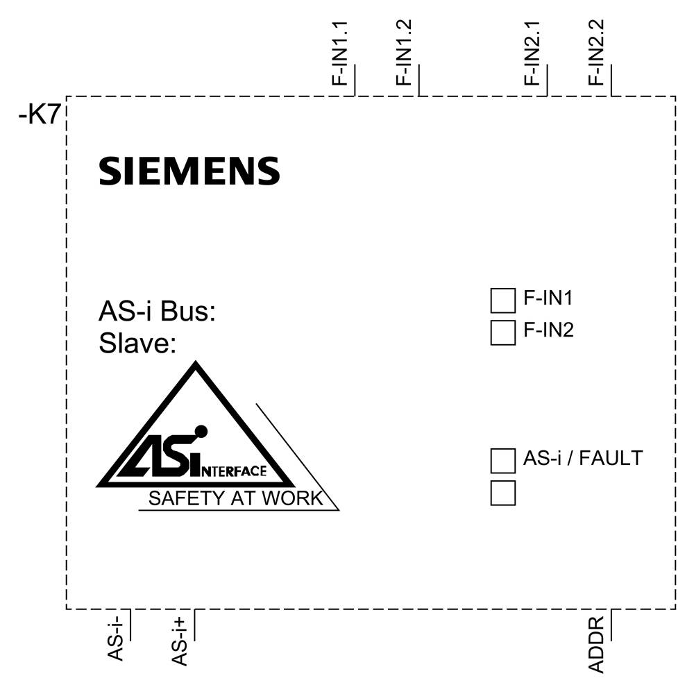 'SIEMENS' Sicherheitsmodul für AS-i Bus mit Anschlussmöglichkeiten und F-IN1/F-IN2, AS-i/FAULT Indikatoren. Enthält Sicherheitslogo.