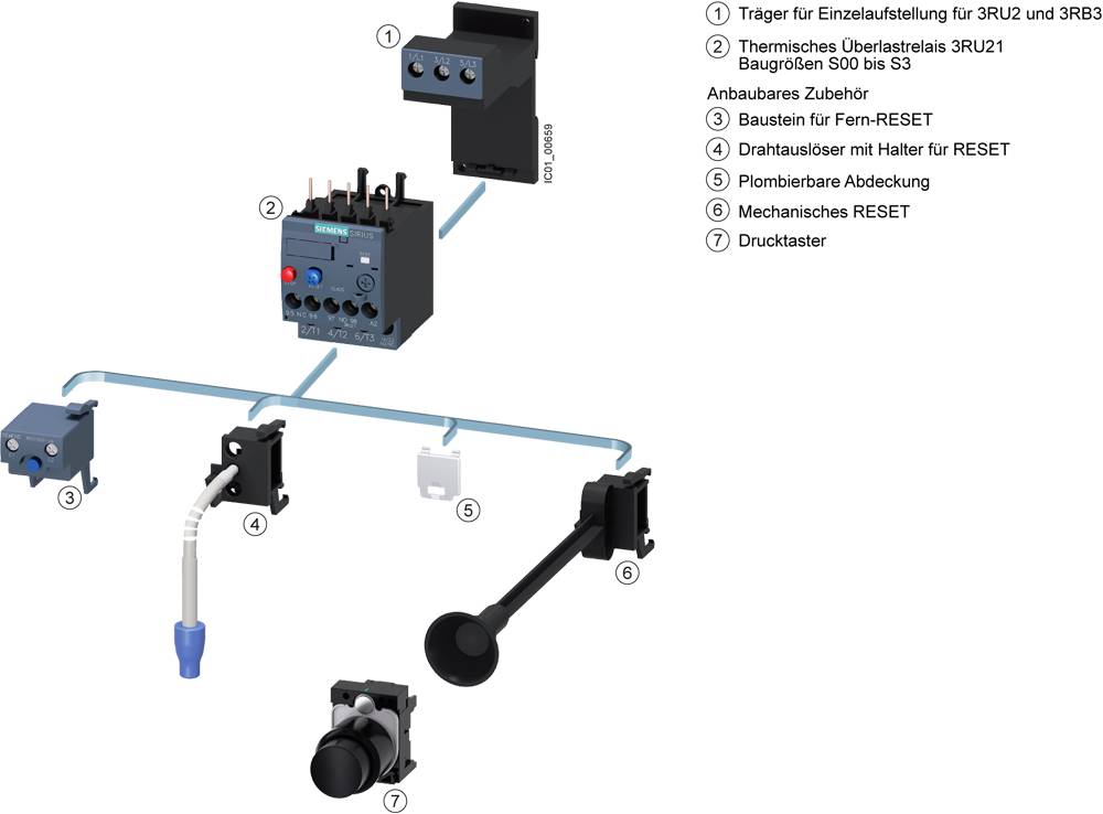 Mechanisches Schaltsystem mit verschiedenen Komponenten nummeriert 1 bis 7, zeigt Träger, Abdeckungen und Reset-Mechanismen.