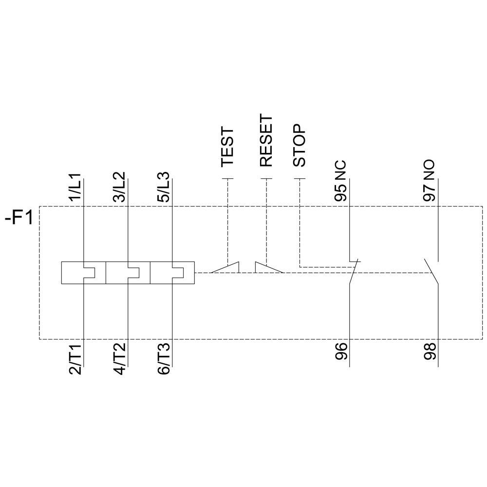 Schaltplan eines Schützmoduls mit Anschlüssen 1/L1, 3/L2, 5/L3 für Eingang und 2/T1, 4/T2, 6/T3 für Ausgang, sowie Tasten TEST, RESET und STOP.