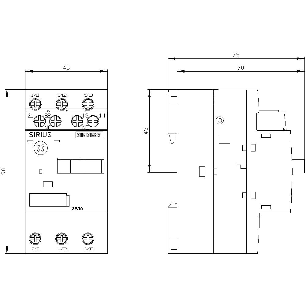 Schaltplanskizze eines Schützes von Siemens. Maße sind 45x90 mm und 75x45 mm. Verbindungen und technische Details dargestellt.
