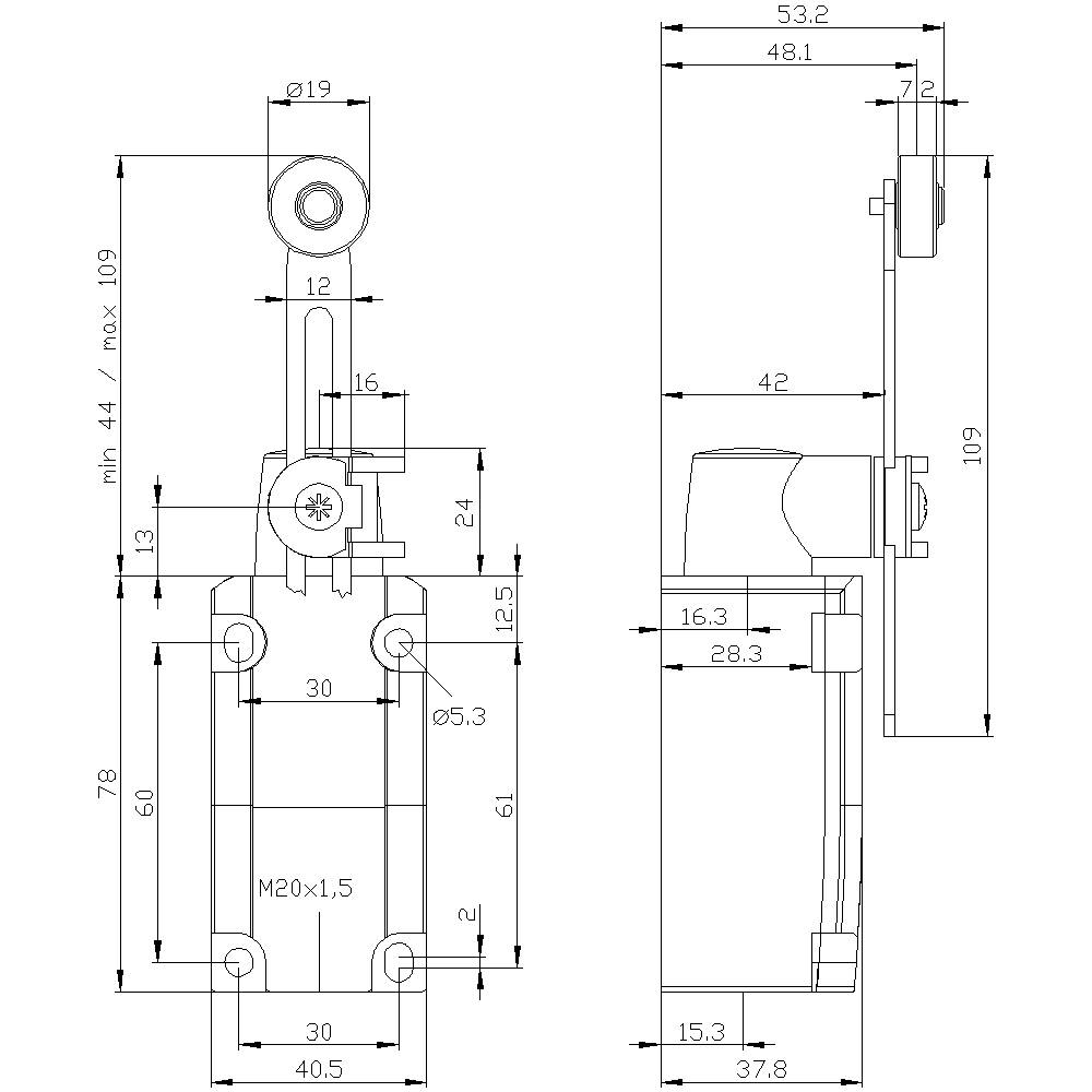 Technische Zeichnung eines mechanischen Teils. Zeigt Vorder- und Seitenansicht mit Maßen in Millimetern, wie Durchmesser und Abstände.