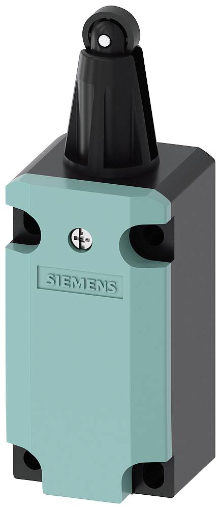 Ein elektrischer Schalter von Siemens mit einem türkisfarbenen Gehäuse und einem schwarzen Hebel, geeignet für industrielle Anwendungen.