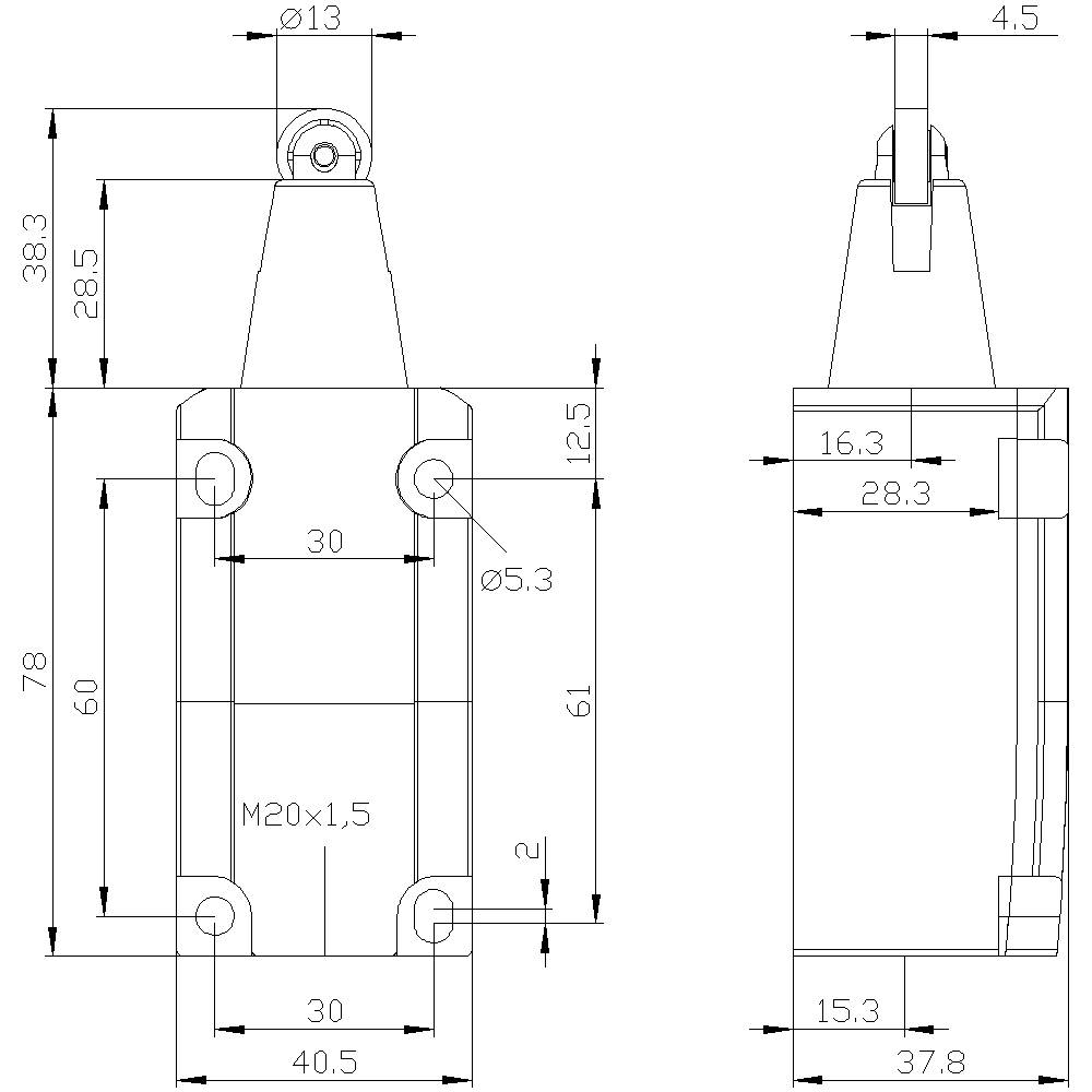 Technische Zeichnung eines mechanischen Bauteils mit Maßen in Millimetern, frontale und seitliche Ansicht, detaillierte Bemaßung.