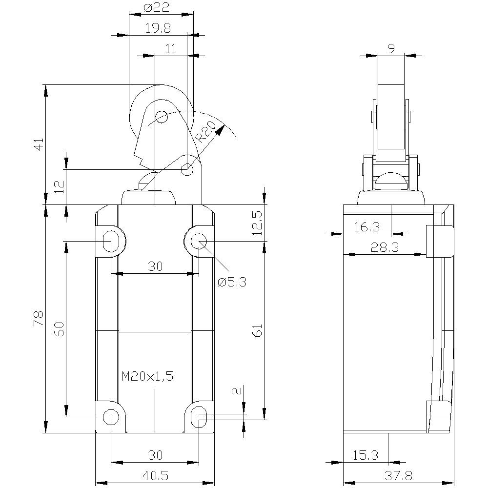Technische Zeichnung eines mechanischen Bauteils mit Maßen in Millimetern, einschließlich Höhen-, Breiten- und Tiefenangaben.