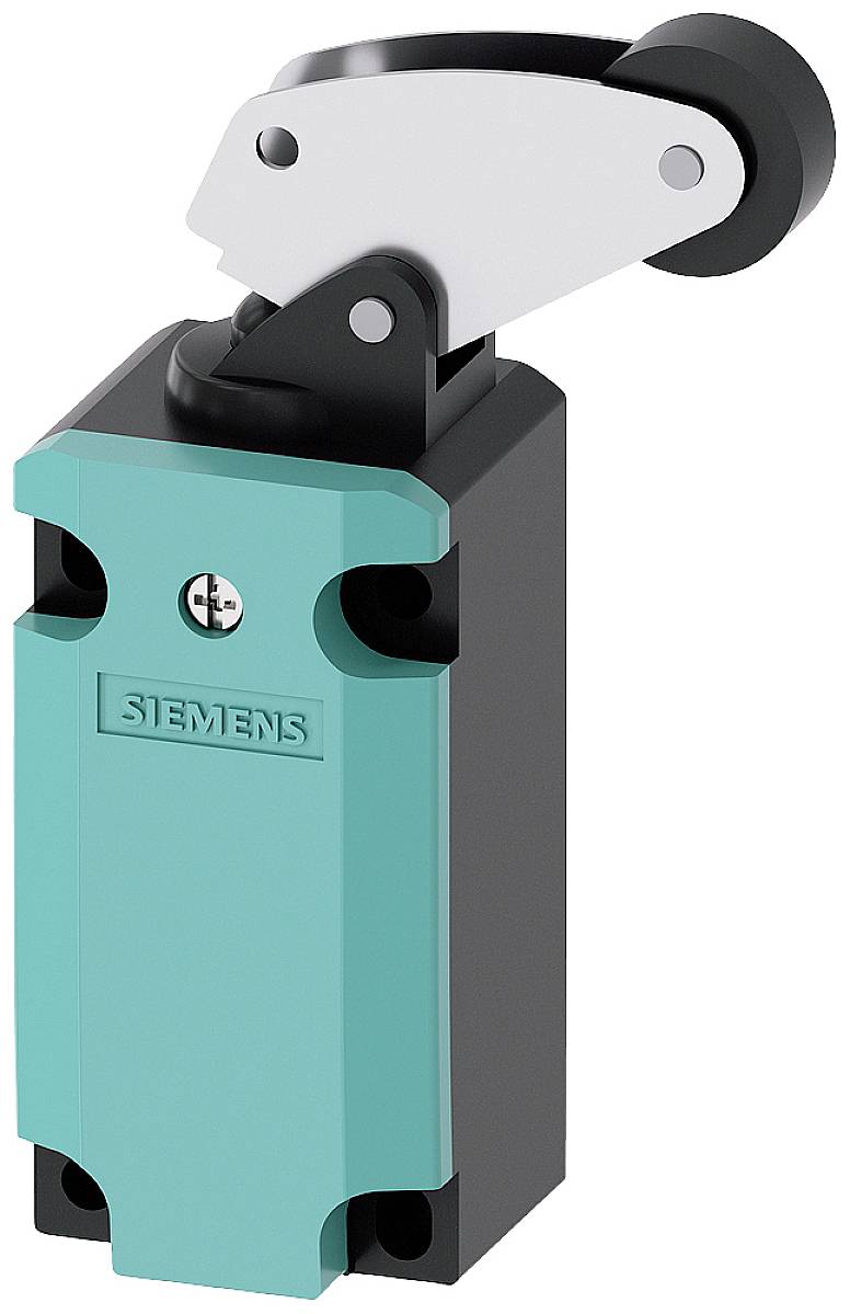 Ein Schalter von Siemens mit einem Hebelmechanismus. Der Schalter ist in einem türkisfarbenen Gehäuse mit einem schwarzen und silbernen Hebel montiert.