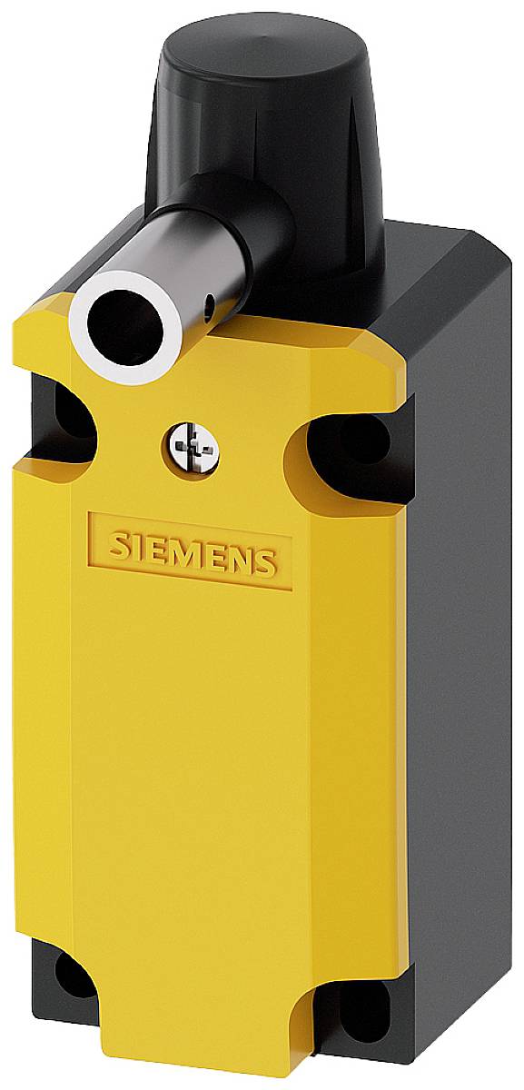 Ein gelber Siemens-Türendschalter mit zylindrischem Scharnierarm.