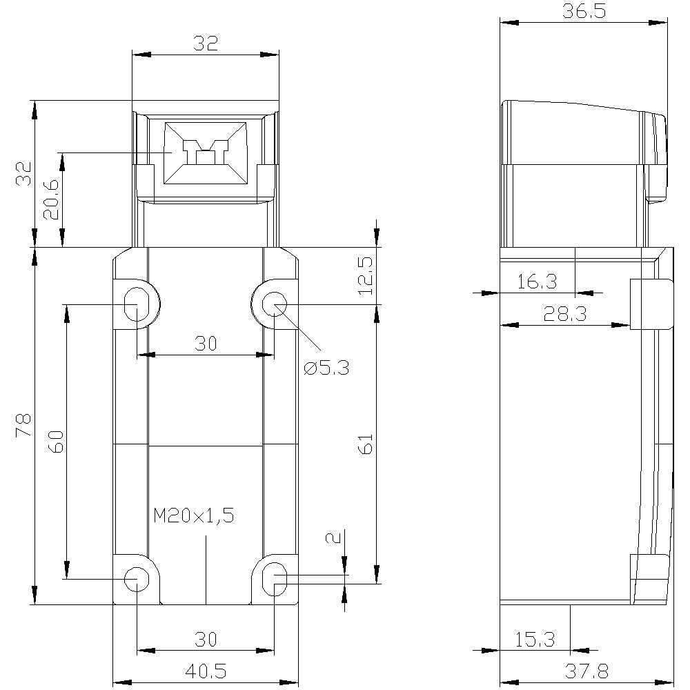 Technische Zeichnung eines rechteckigen Bauteils mit Maßen in Millimetern. Vorderansicht und Seitenansicht mit Details zu Bohrungsdurchmessern und Gewindegröße.