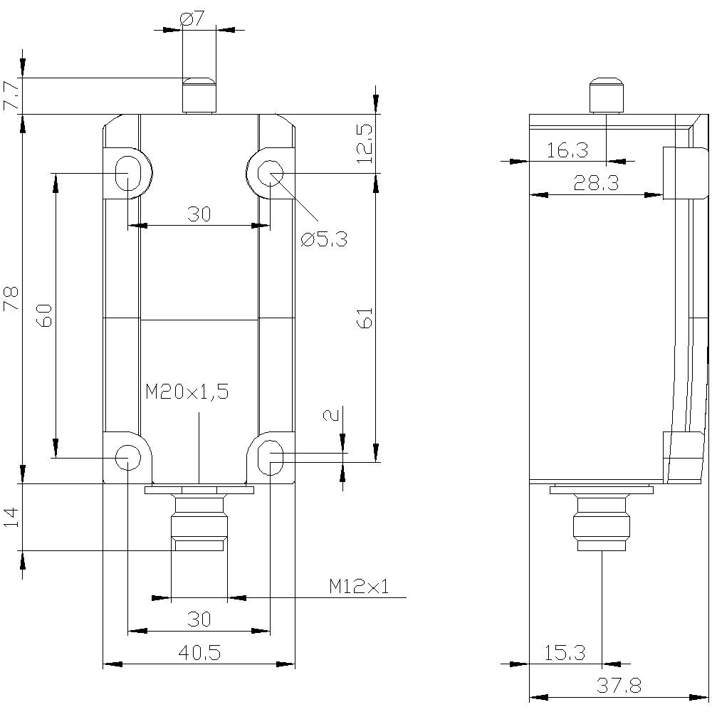 Technische Zeichnung eines Zylinders mit Abmessungen: Breite 40,5 mm, Höhe 78 mm, Durchmesser 7 mm. Enthält Gewinde M20x1,5.