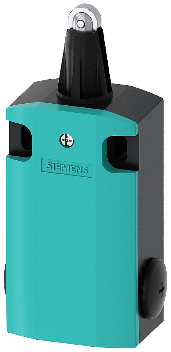 Ein blau-schwarzer Siemens-Schalter mit länglicher Form und Ösenmechanismus oben, für industrielle Anwendungen.