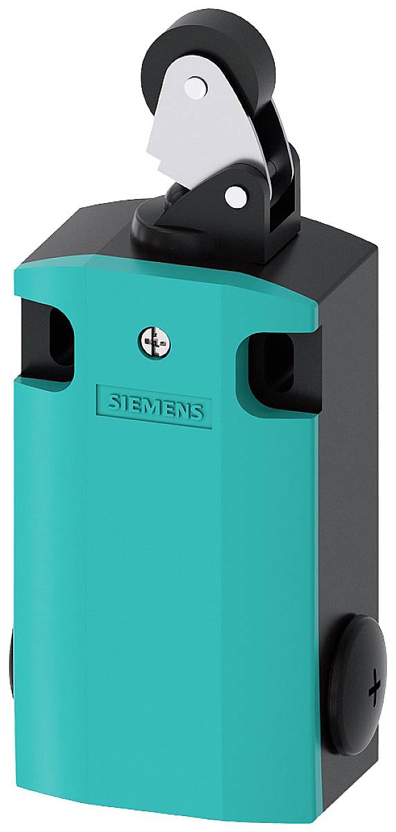 Ein teal- und schwarzfarbenes mechanisches Schaltgerät von Siemens mit einem Hebel oben, typischerweise für Sicherheitsanwendungen.