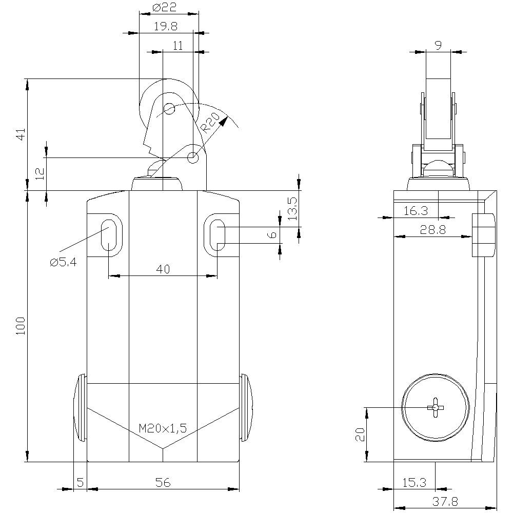 Technische Zeichnung eines zylindrischen Bauteils mit Maßen in Millimetern. Zeigt Vorder- und Seitenansicht mit Detailmaßen.