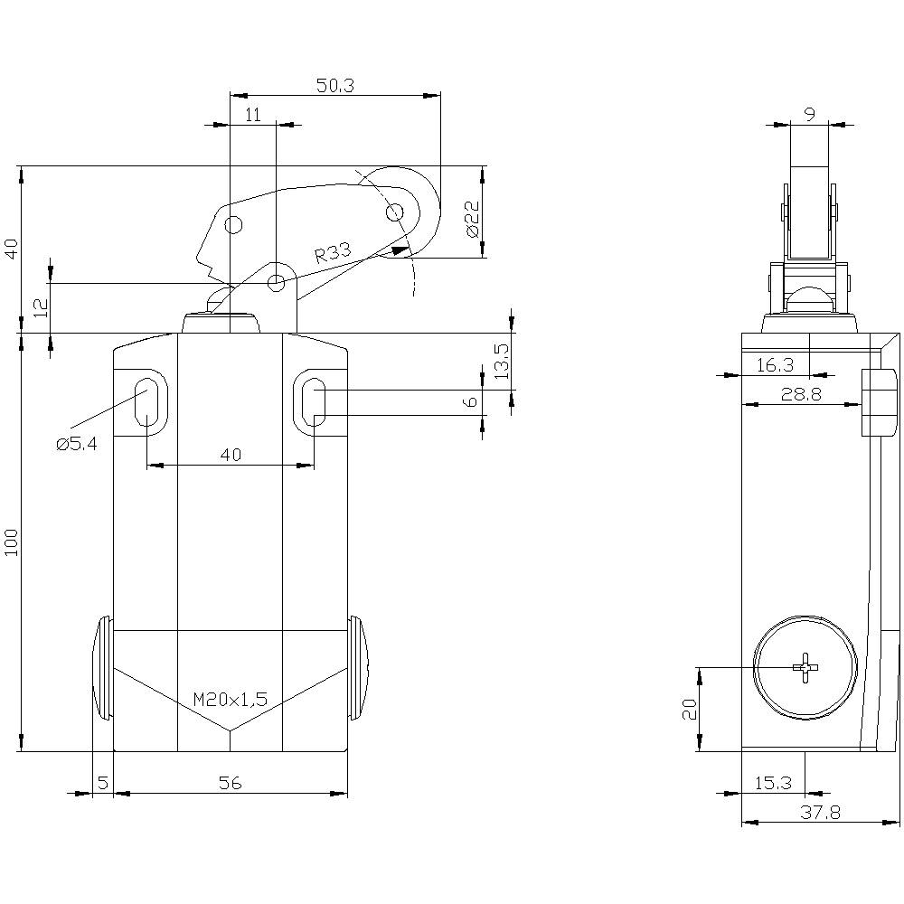Technische Zeichnung einer mechanischen Vorrichtung mit Maßen und Winkeln. Hauptkomponenten: zylindrisches Gehäuse, Hebelarm und Schrauben.