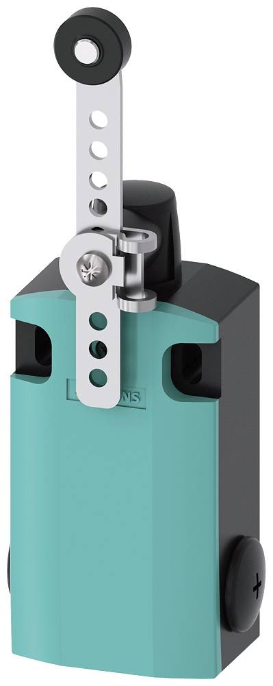 Ein blau-schwarzer mechanischer Schalter mit Hebel und Lochungen zur Positionserkennung. Geeignet für industrielle Anwendungen.