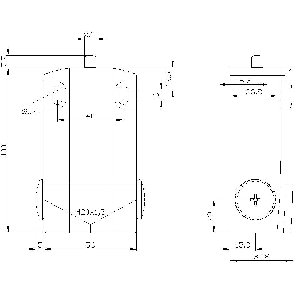 Technische Zeichnung eines zylindrischen Objekts mit Abmessungen: 100 mm hoch, 56 mm breit, und einem M20x1,5 Gewinde.
