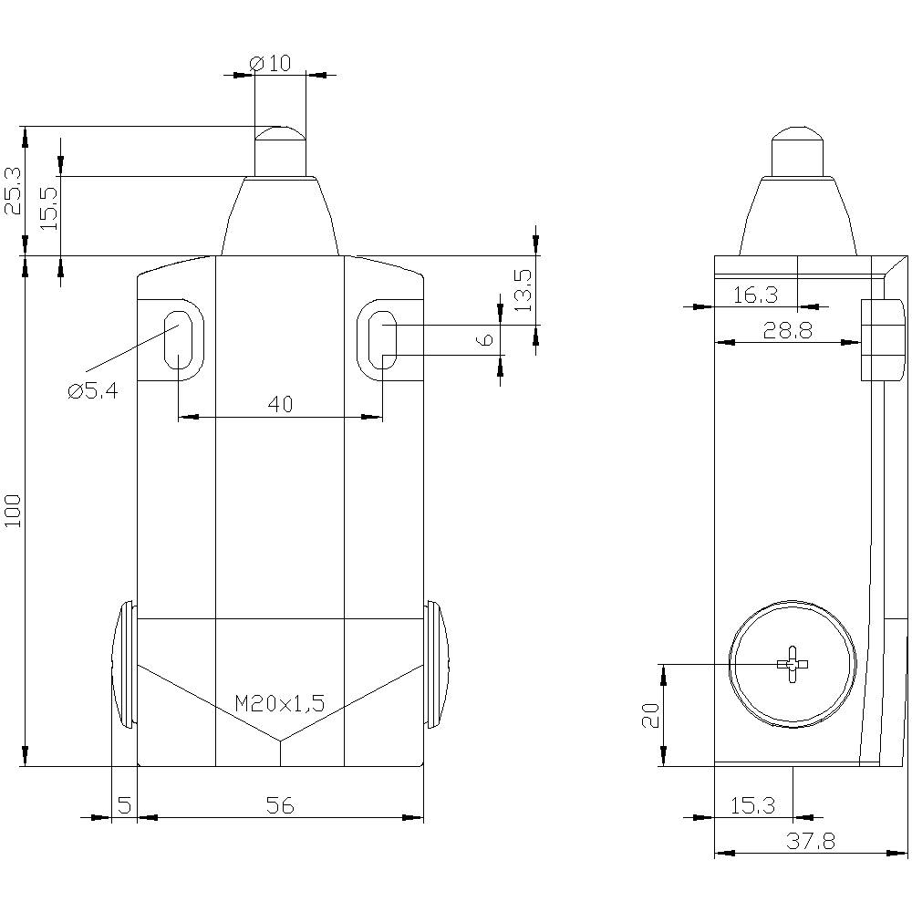 Konstruktionszeichnung eines zylindrischen Bauteils mit detaillierten Maßangaben. Vorder- und Seitenansicht sind dargestellt.