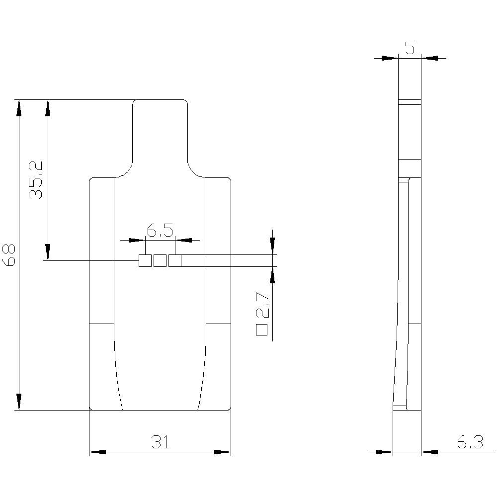 Technische Zeichnung eines Bauteils mit Bemaßungen: Höhe 68, Breite 31, weitere Details wie 6,5 und 2,7 angegeben. Draufsicht und Seitenansicht.